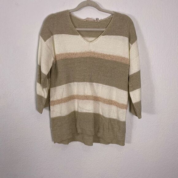 Soft Surroundings Tan & Light Brown Striped V Neck Pullover 3/4 Length Sleeve Sw - Picture 1 of 6